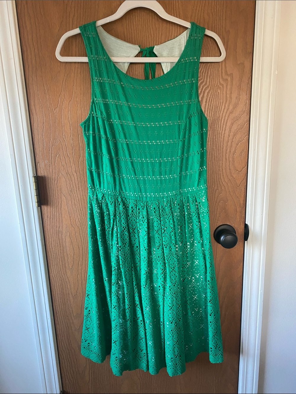 Sleeveless Emerald Eyelet Midi Dress with Tie Back
